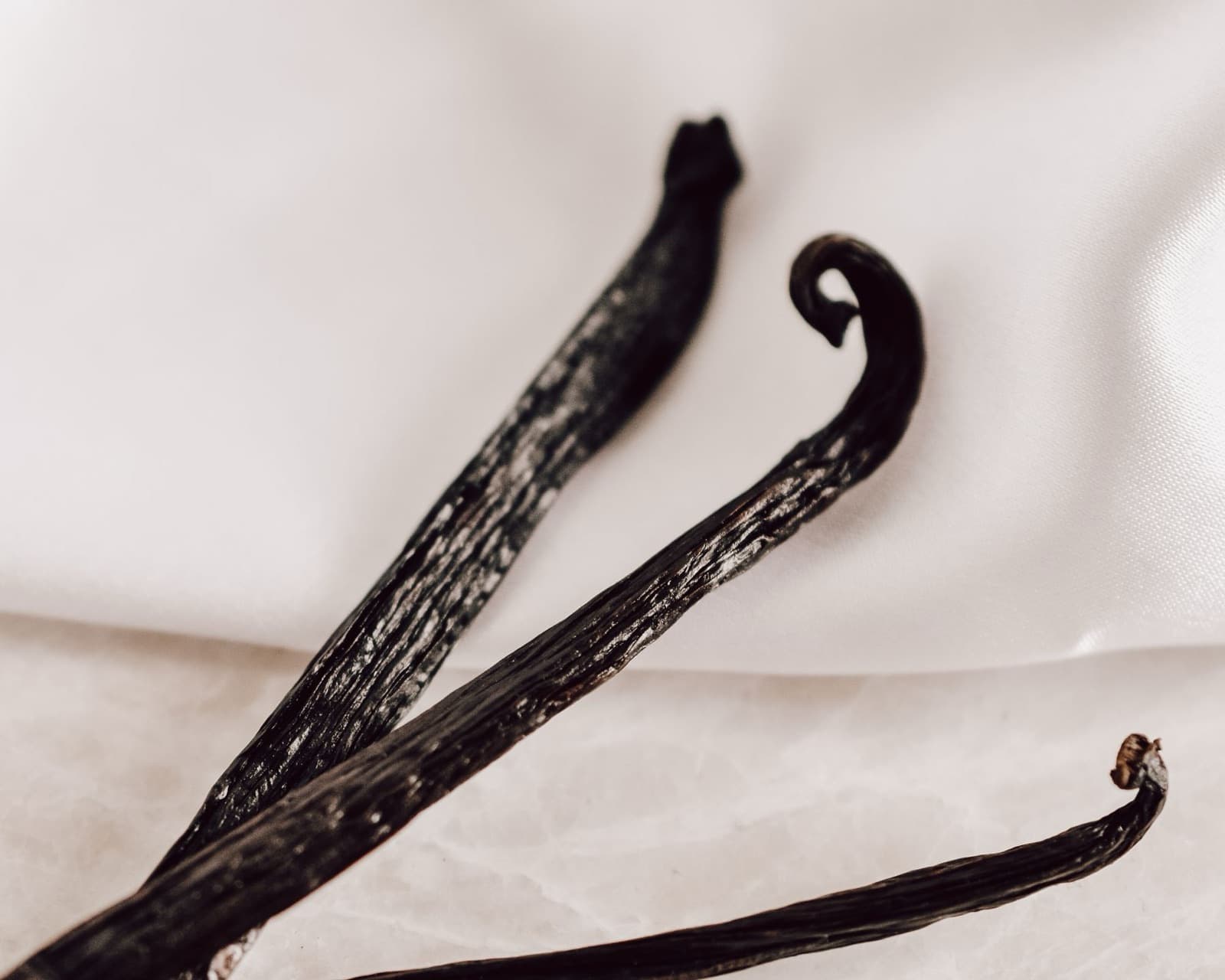 Three cured vanilla beans curling on white linen