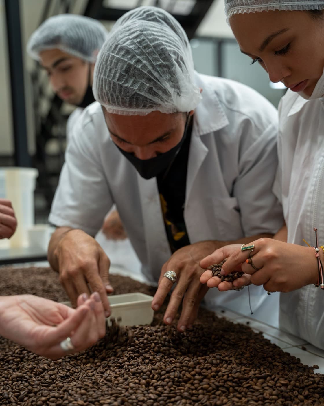 Two people in hairnets and lab coats inspecting a sample of beans